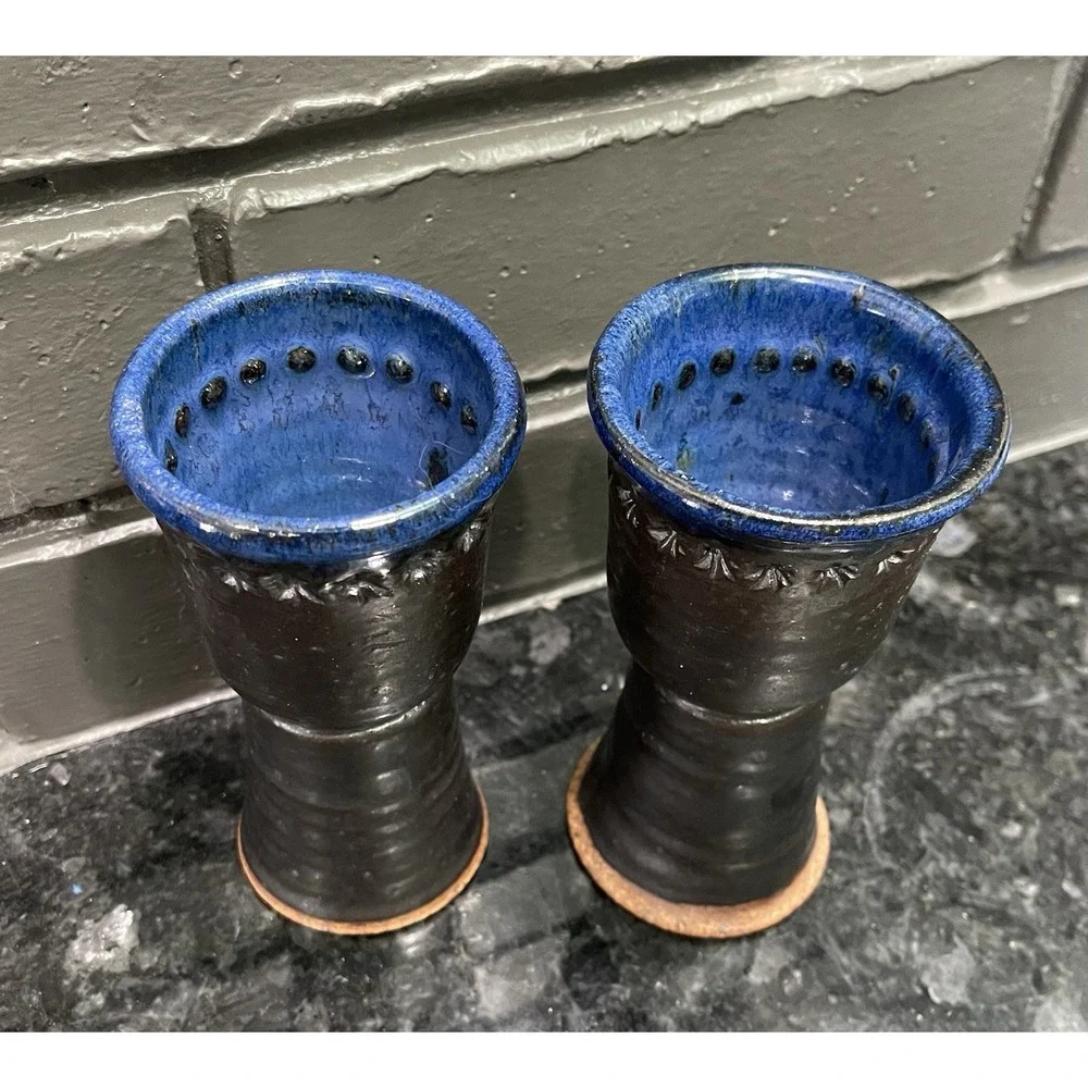 Handmade Studio Pottery Goblets Pair Gunmetal Cobalt Blue Stoneware Chalice 4oz